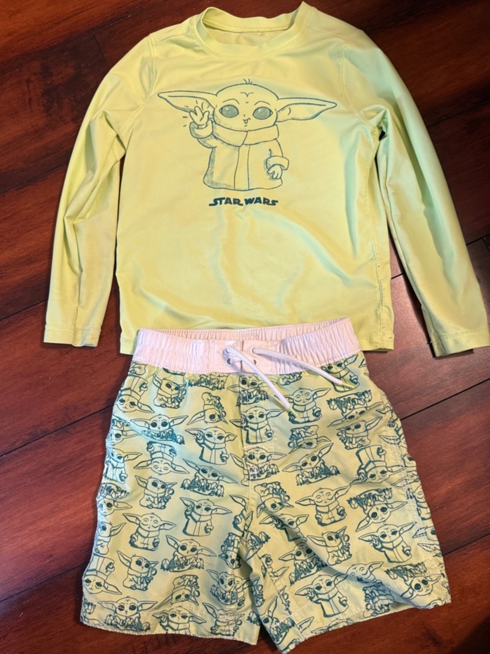 Gap Kids Grogu Lime Green Long Sleeve Top and Printed Shorts Swim Set